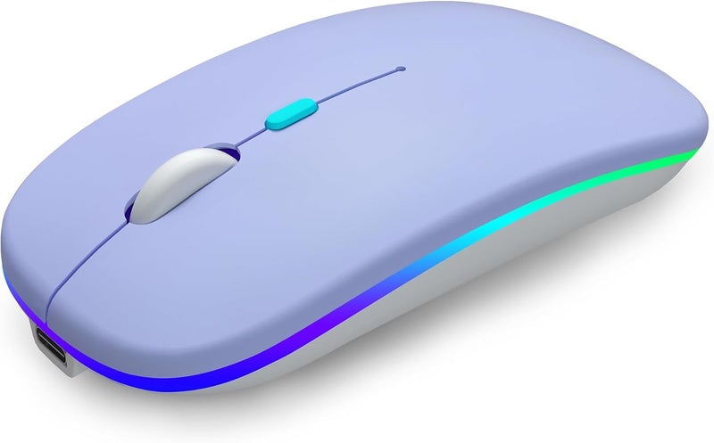 AOLIKOKO فأرة بلوتوث لاسلكية قابلة لإعادة الشحن للكمبيوتر المحمول مع إضاءة LED، استخدام محمول (BT5.2 و USB 2.4G) اتصال مزدوج، فأرة كمبيوتر صامتة ونحيفة للكمبيوتر المحمول / جهاز iPad اللوحي / Apple MacBook / PC (أرجواني) - Image 1